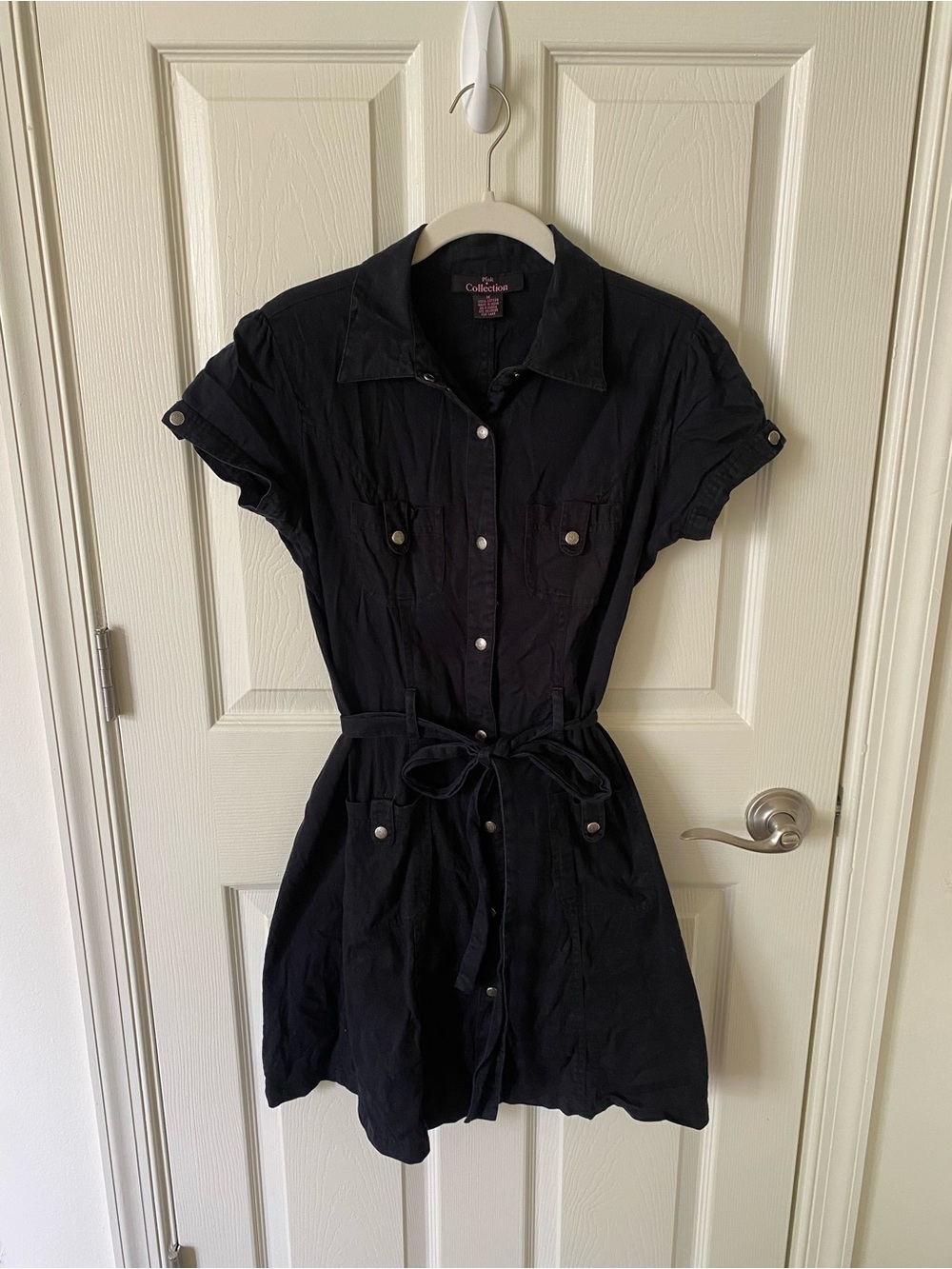 Black Short-Sleeve Khaki Shirt Dress with Tie Waist